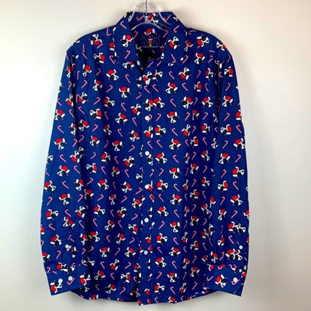 Simon Banks Santa French Bulldog Button Down Shirt NWOT